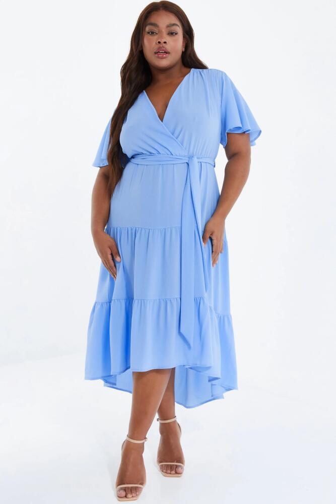 QUIZ Crepe Tiered Wrap Dip Hem Dress in Blue Cover