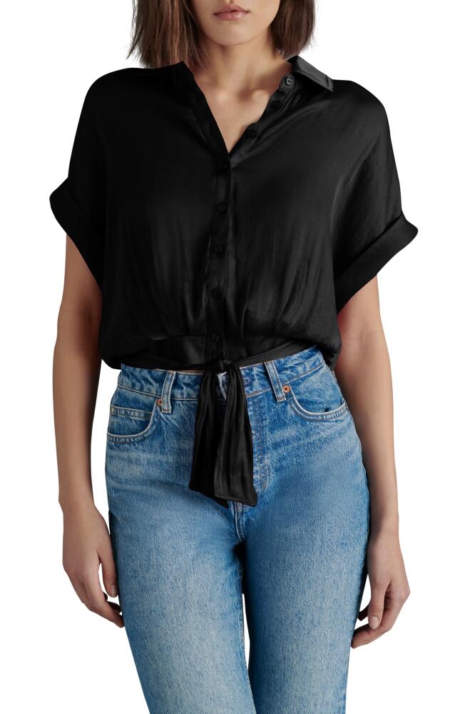 Steve Madden Tori Tie Front Button-Up Shirt in Black Satin Cover