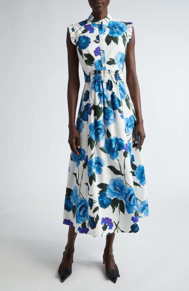 Erdem Brushed Floral Smocked Waist Midi Shirtdress in White Blue Cover