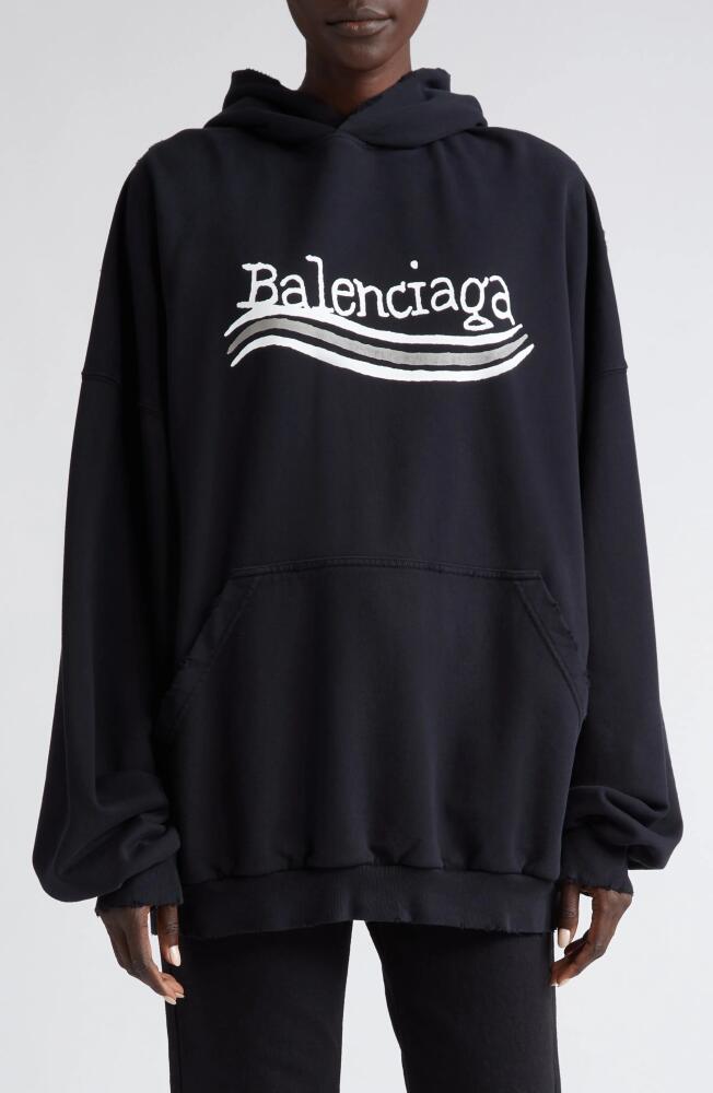 Balenciaga Hand Drawn Political Logo Oversize Distressed Cotton Graphic Hoodie in Black/Silver/White Cover