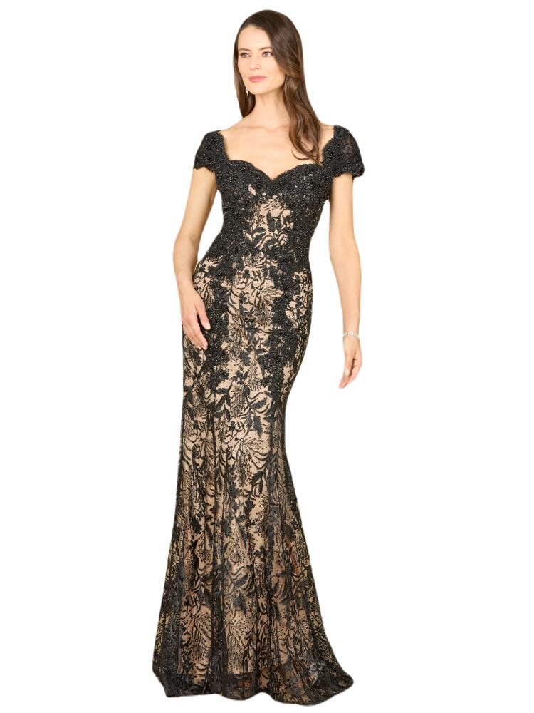 LARA New York Long Bell Sleeve V-Neck Beaded Gown in Blacknude Cover