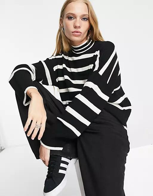 Only high neck sweater in black & white stripe-Multi Cover