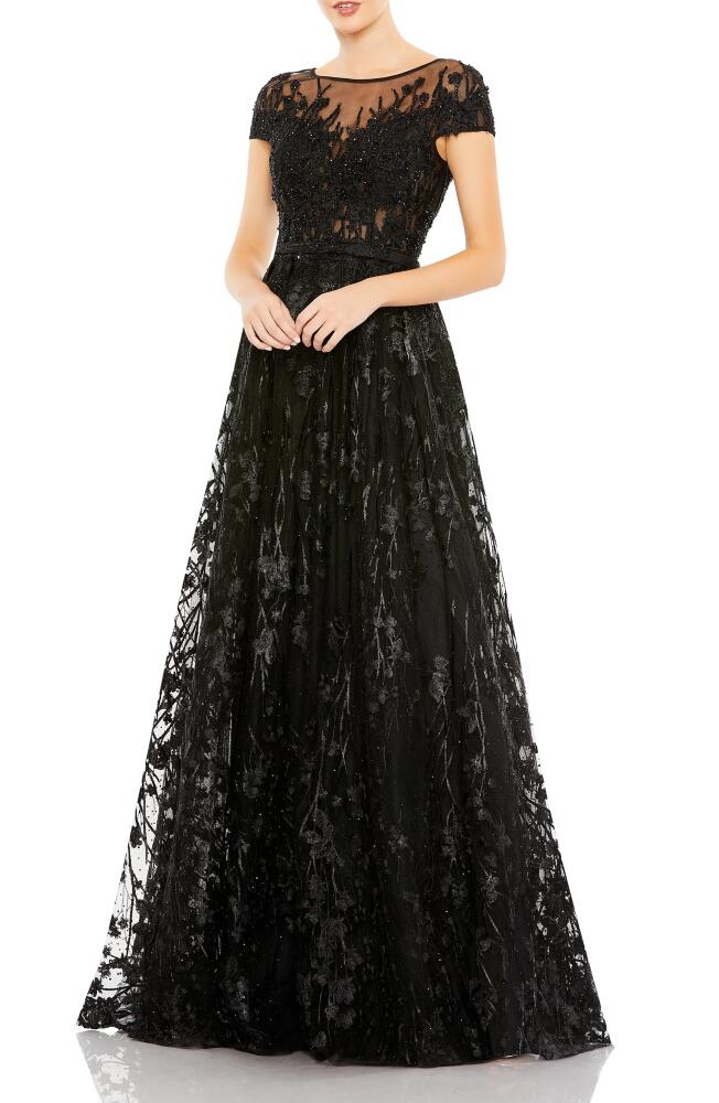 Mac Duggal Sequin Floral Cap Sleeve Ballgown in Black Cover