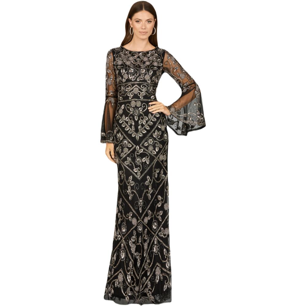 LARA New York Bell Sleeved High Neck Beaded Gown in Black Cover