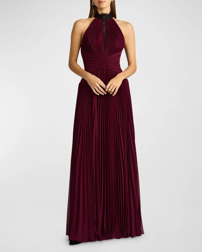 Zac Posen Pleated Lace-Inset Halter Gown Cover