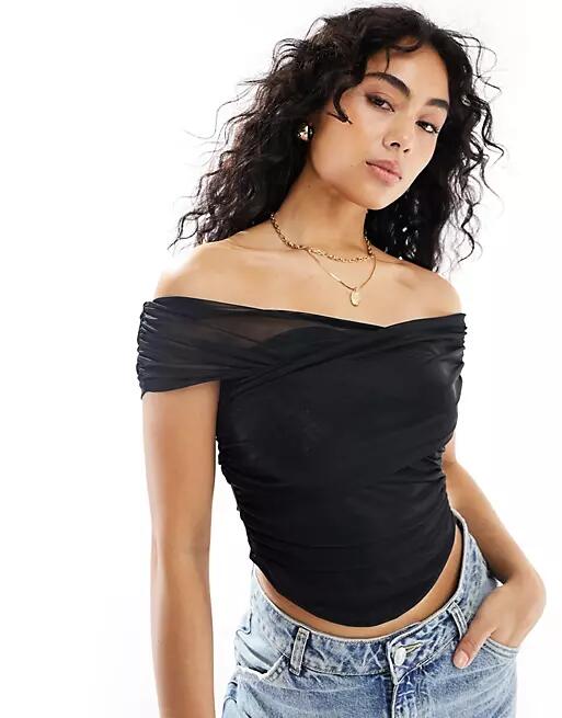 Miss Selfridge sheer ruched off shoulder top in black Cover