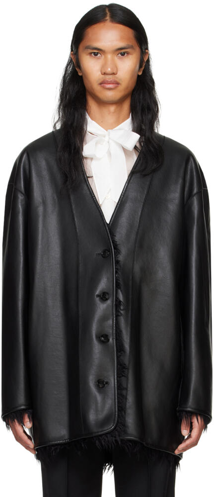 System Black Faux-Leather & Faux-Fur Reversible Jacket Cover