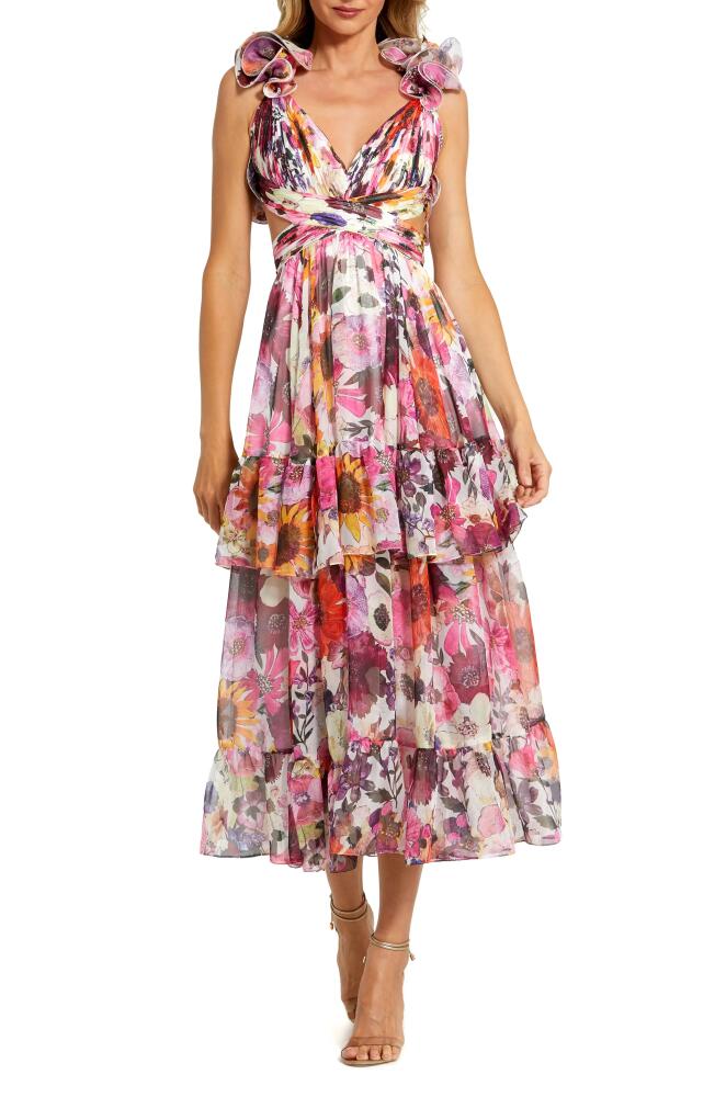 Mac Duggal Floral Ruffle Plissé Midi Cocktail Dress in White Multi Cover