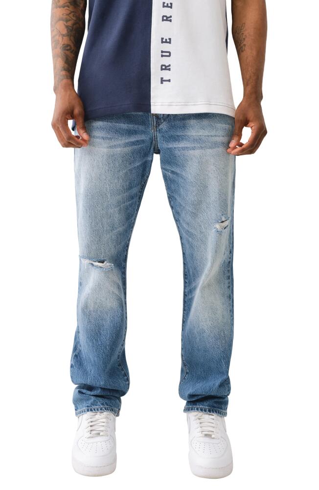 True Religion Brand Jeans Ricky Rope Stitch Straight Leg Distressed Jeans in Itonda Medium Wash With Rips Cover