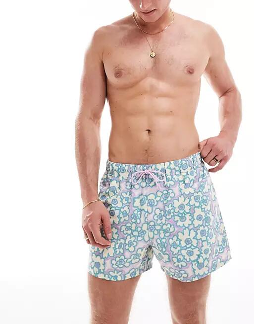 ASOS DESIGN swim shorts in short length in floral print-Purple Cover