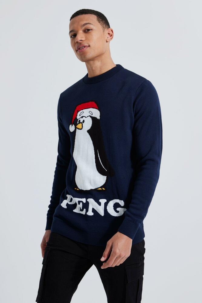 boohoo Mens Tall Peng Novelty Christmas Sweater - Navy Cover