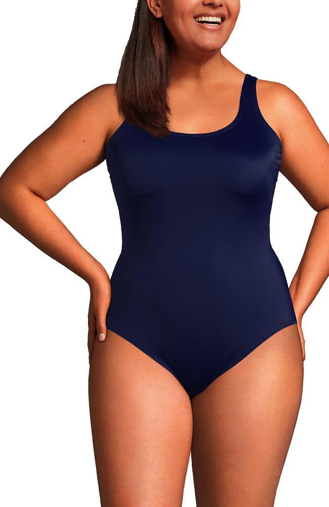 Lands' End Plus Size Chlorine Resistant Texture High Leg Soft Cup Tugless One Piece Swimsuit in Deep Sea Navy Cover