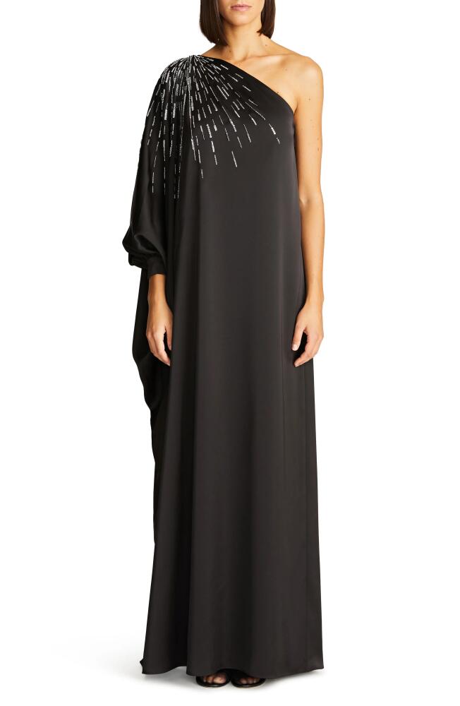 HALSTON Chaya Beaded One-Shoulder Satin Gown in Black Cover