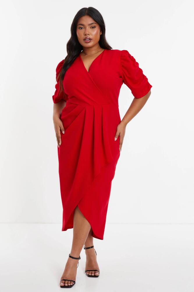 QUIZ Wrap Pleated Ruched Sleeve Midi Dress in Red Cover