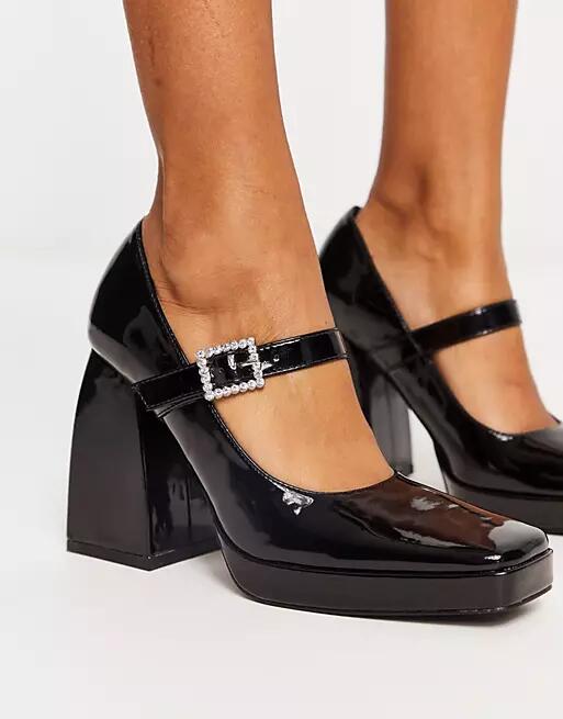 RAID Maya block heel mary janes with embellished buckle in black patent Cover