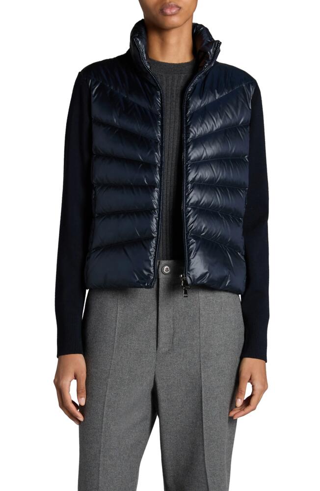 Moncler Quilted Down & Wool Knit Cardigan in Dark Navy Blue Cover