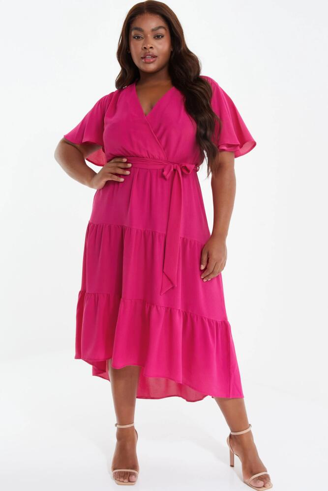 QUIZ Crepe Tiered Wrap Dip Hem Dress in Pink Cover