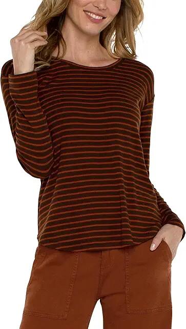 Liverpool Los Angeles Long Sleeve Drop Shoulder Scoop Neck Rib Knit Top (Tumeric Stripe) Women's Clothing Cover