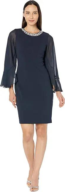 Vince Camuto Split Caped Bodycon Dress with Embellished Neck (Navy) Women's Clothing Cover