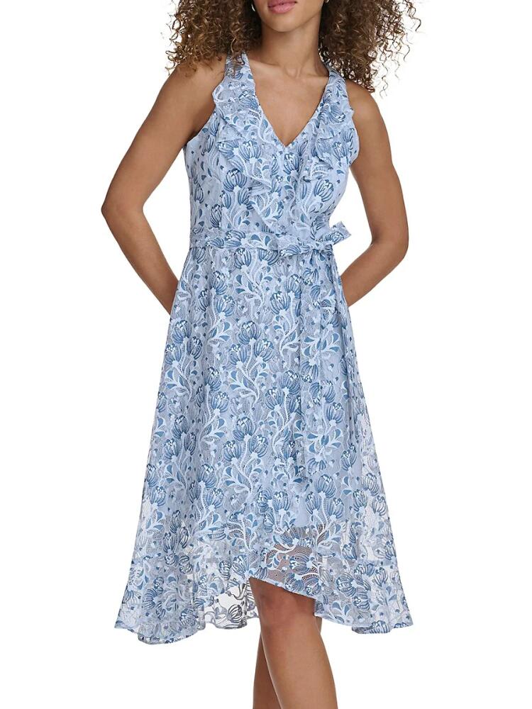 Kensie Women's Floral Ruffle Midi Dress - Blue White Cover