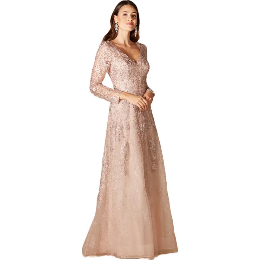 LARA New York Long Bell Sleeve V-Neck Beaded Gown in Blush Cover