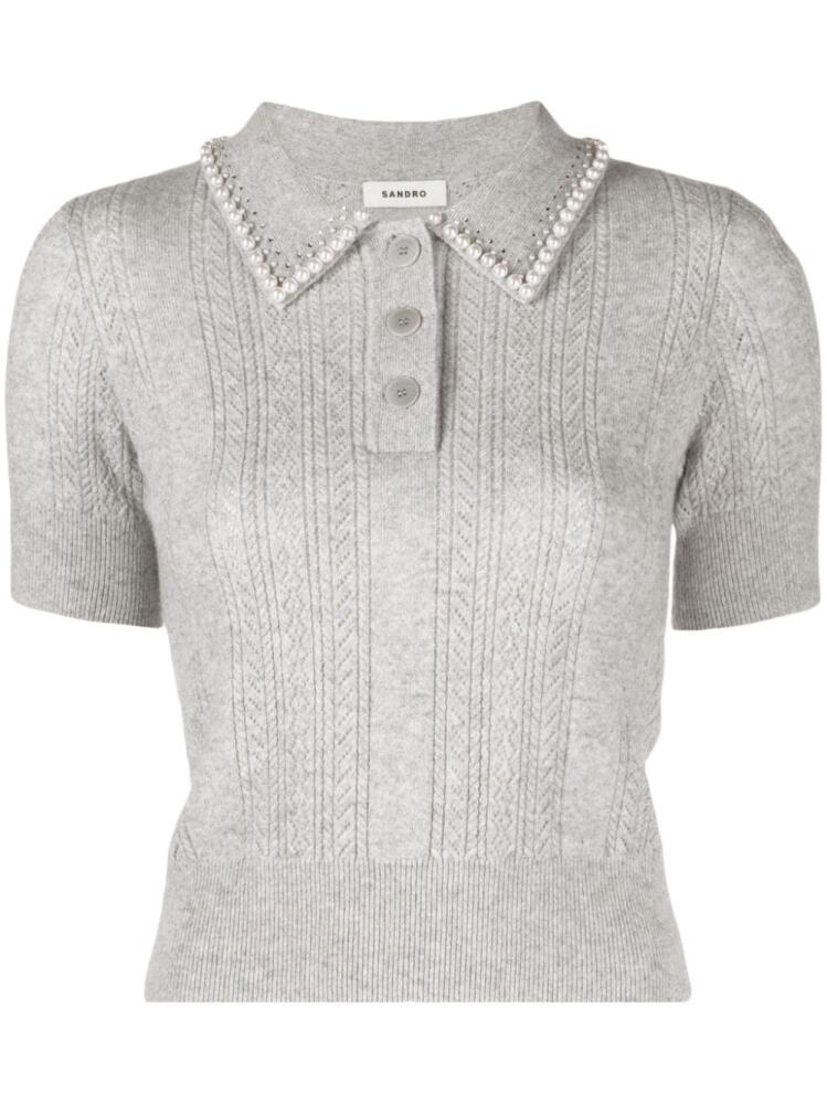 SANDRO faux-pearl-embellished wool-blend polo shirt - Grey Cover