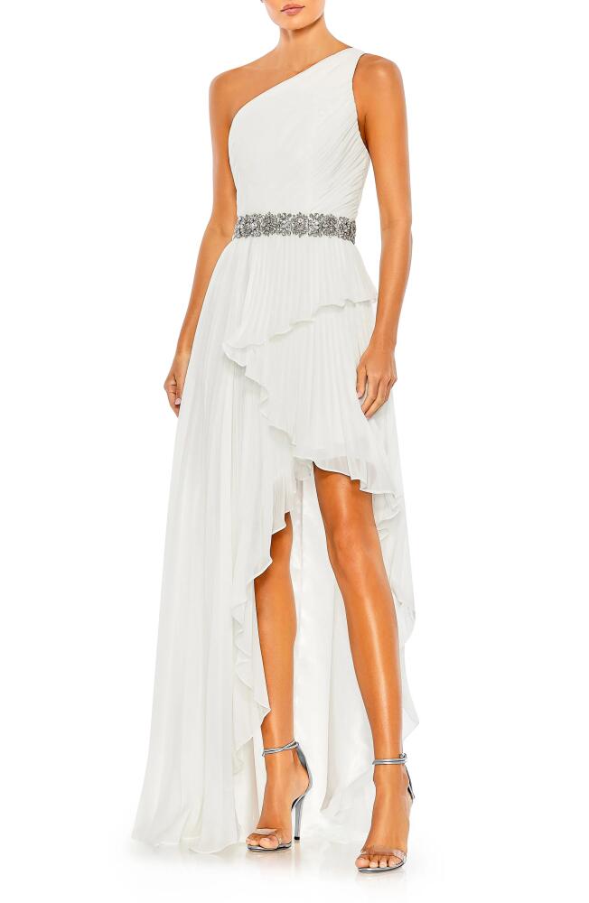 Mac Duggal Ruffle Pleated One-Shoulder High-Low Gown in White Cover