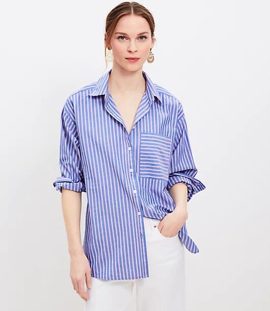 Loft Striped Cotton Blend Oversized Pocket Shirt Cover