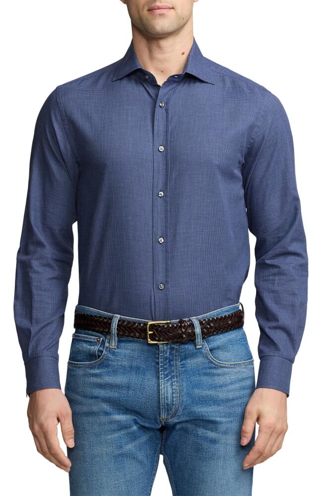 Ralph Lauren Purple Label Mini Houndstooth Cotton Button-Up Shirt in Crown Blue Melange Cover