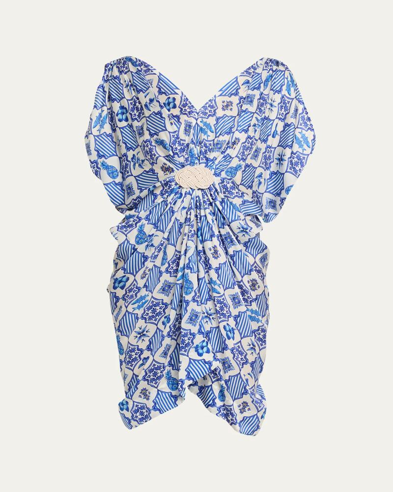 Verandah Azulejos-Print Draped Kaftan Mini Dress Cover