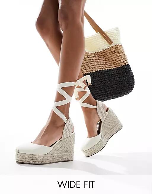 ASOS DESIGN Wide Fit Tyra closed toe wedges in natural linen-Neutral Cover