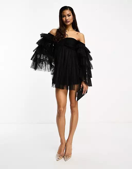 Lace & Beads tiered tulle sleeve mini dress in black Cover