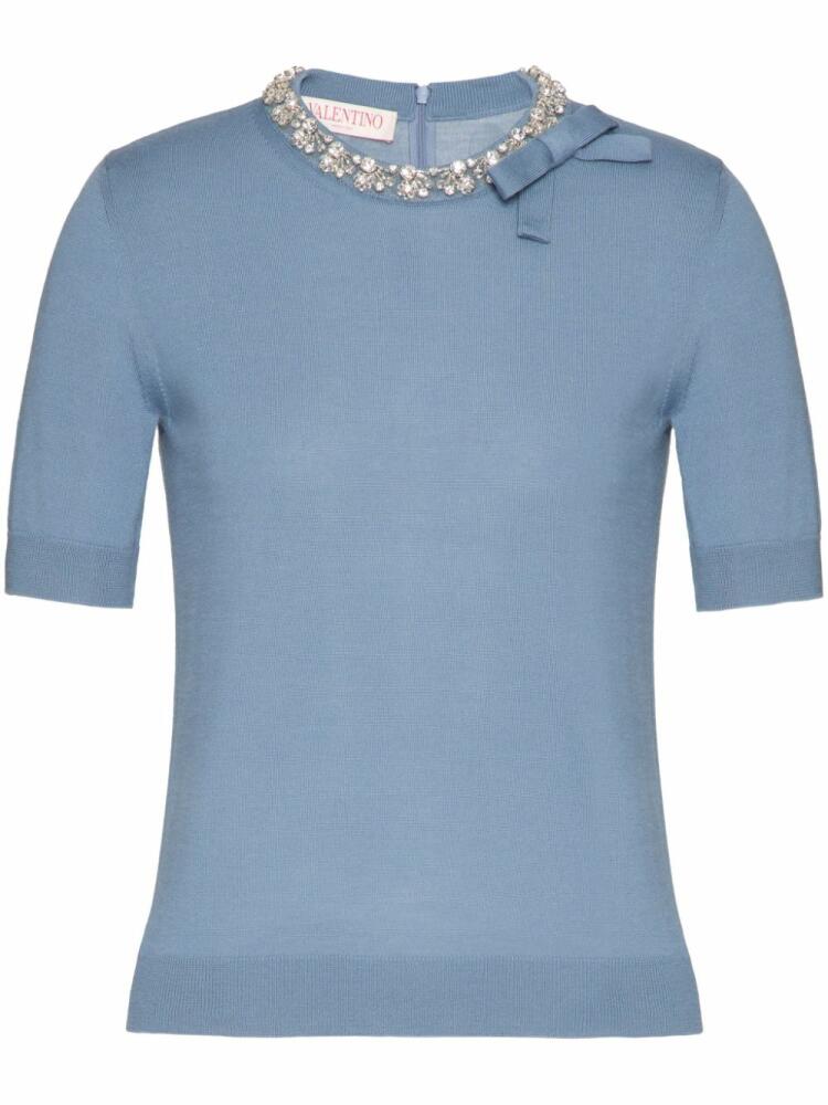 Valentino Garavani crystal-embellished fine-knit T-shirt - Blue Cover