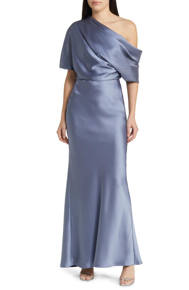 Amsale One-Shoulder Fluid Satin Gown in Slate Cover