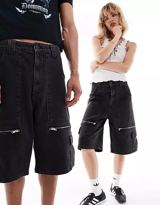 COLLUSION Unisex iconic festival skater jorts with pockets and buckle details in washed black-Blue Cover