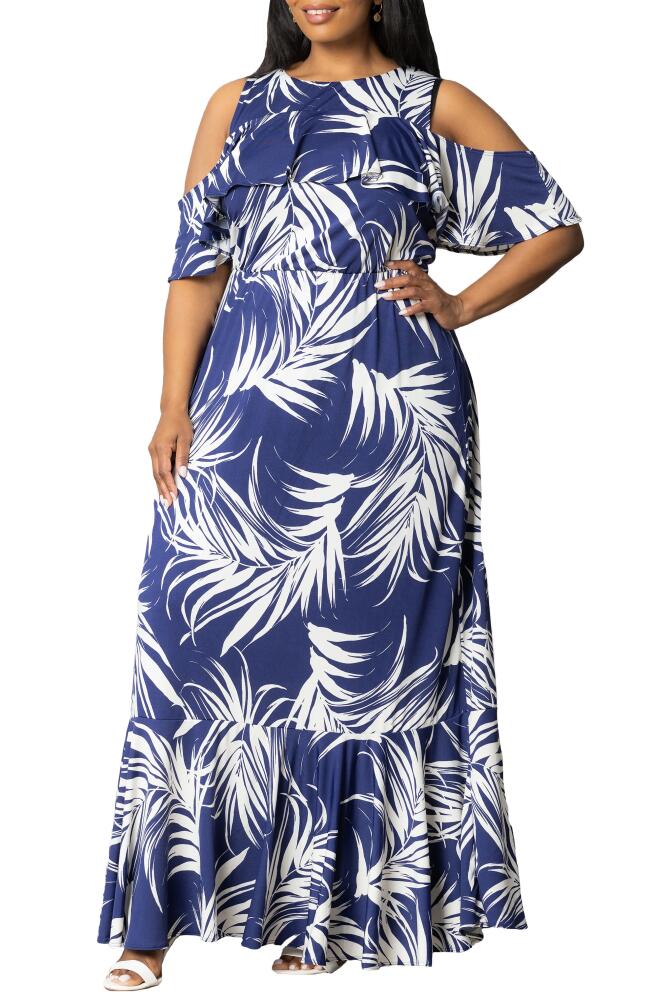 Kiyonna Piper Cold Shoulder Dress in Navy Palms Print Cover