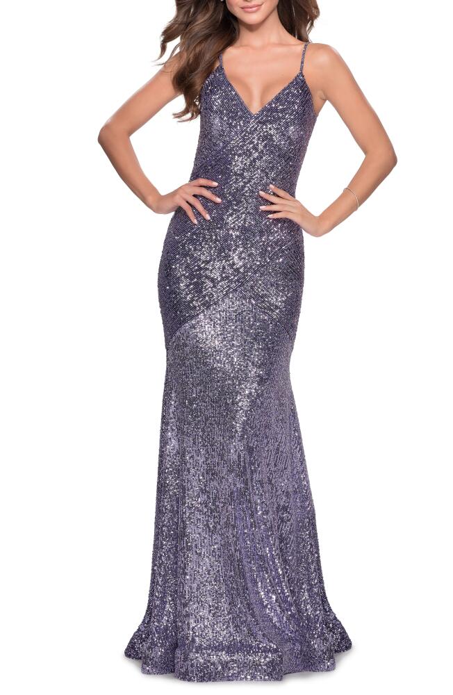 La Femme Sequin Strappy Back Trumpet Gown in Lavender Cover