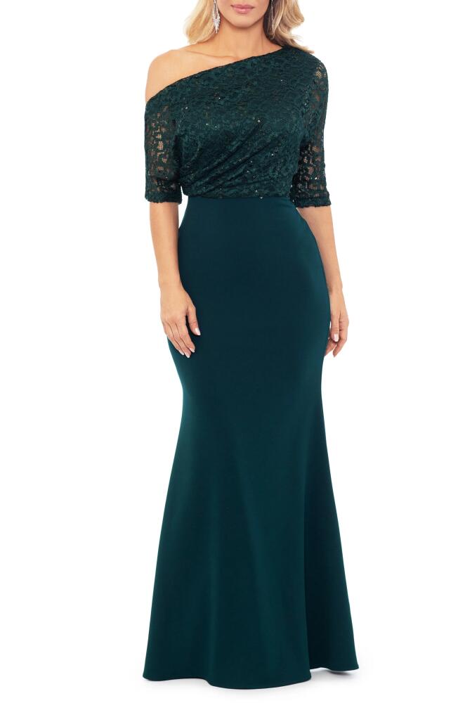 Betsy & Adam One-Shoulder Sequin Lace Mixed Media Gown in Pine Cover