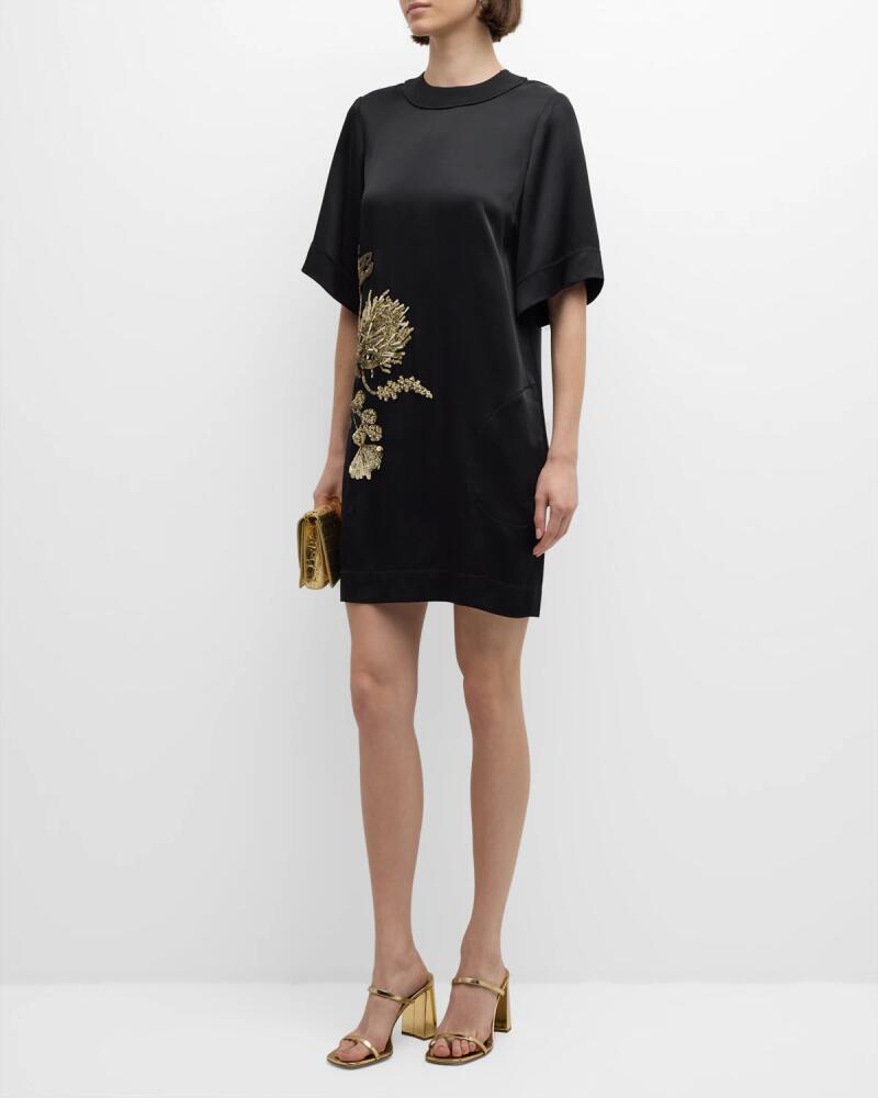 Jason Wu Collection Hammered Satin Mini Shift Dress with Floral Embellished Details Cover