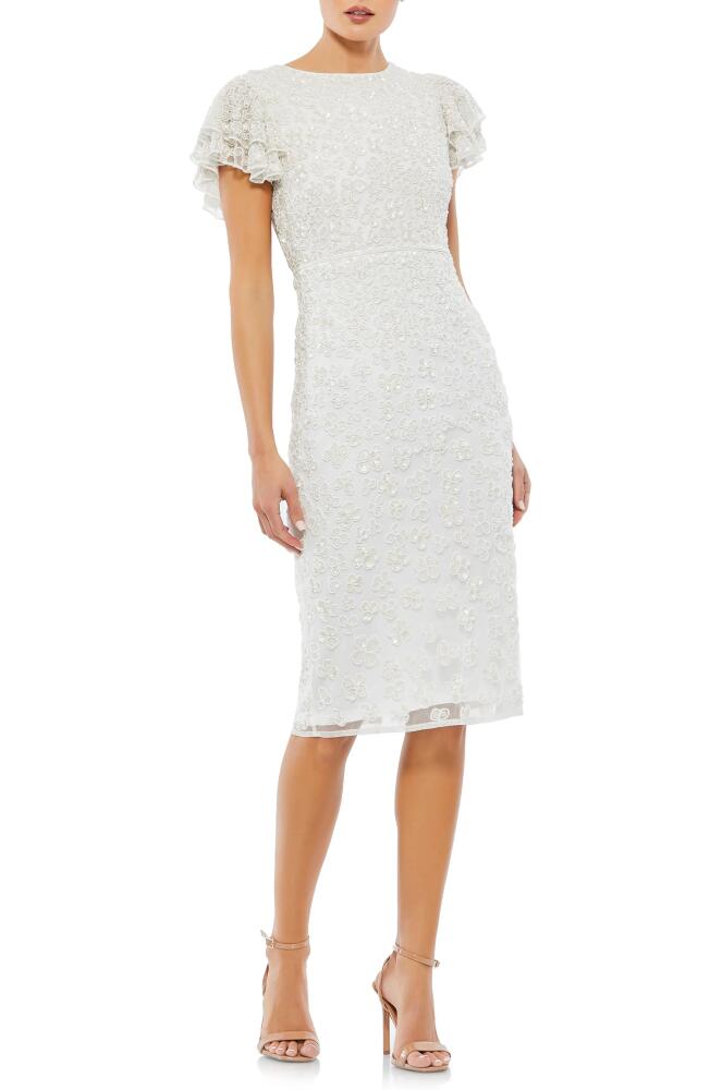 Mac Duggal Beaded Ruffle Sleeve Midi Sheath Cocktail Dress in White Cover