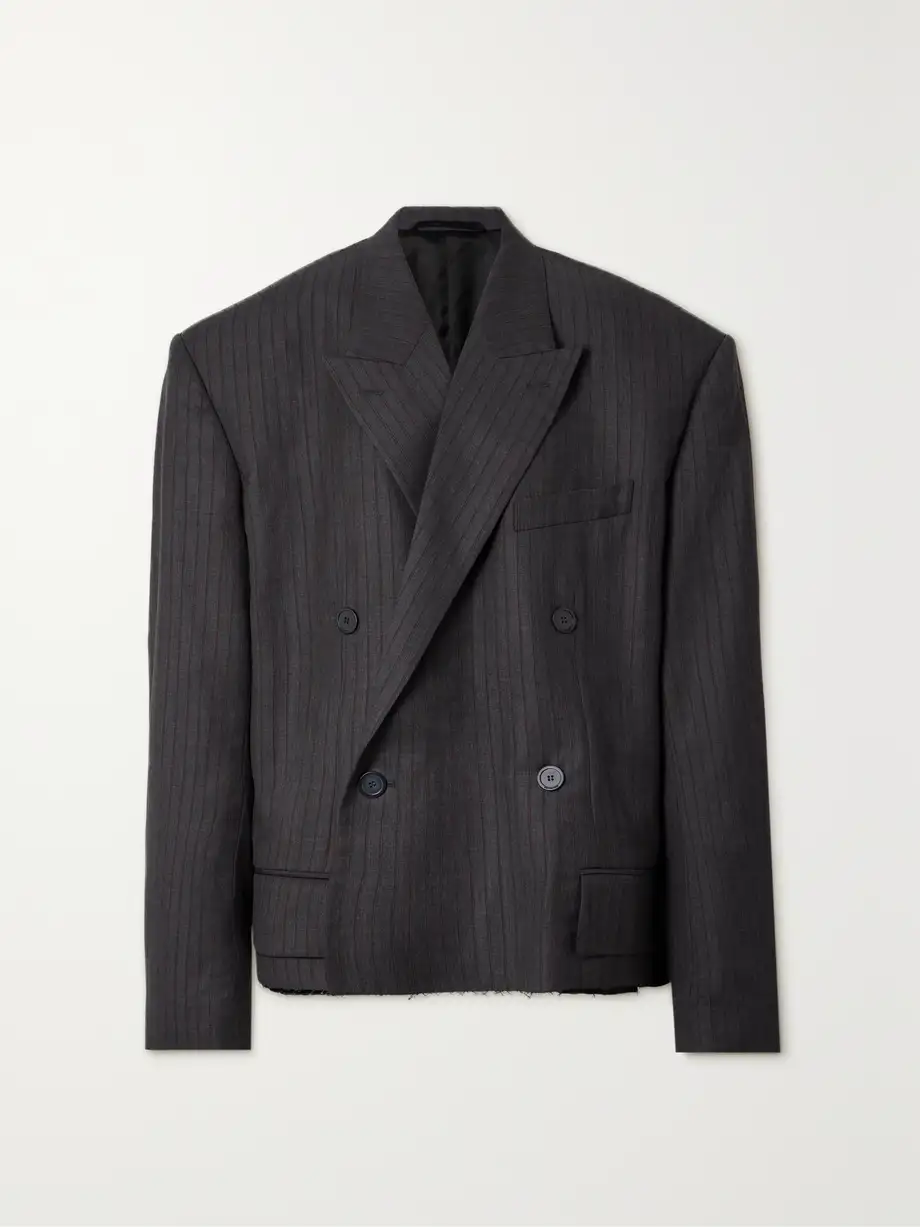 Balenciaga - Oversized Double-breasted Distressed Pinstriped Wool Blazer - Gray Cover