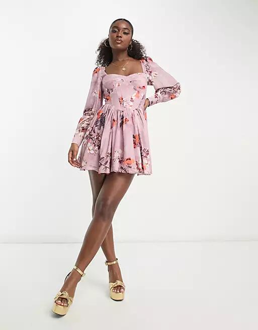 Bardot long sleeve corset mini dress in purple floral Cover