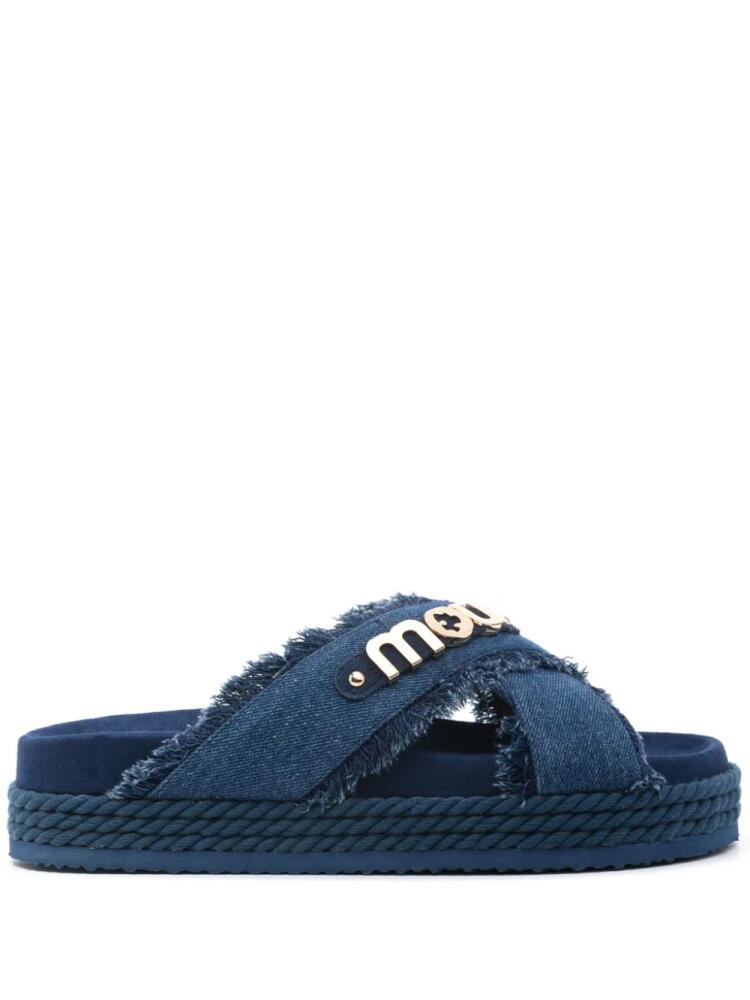 Mou logo-lettering denim slides - Blue Cover