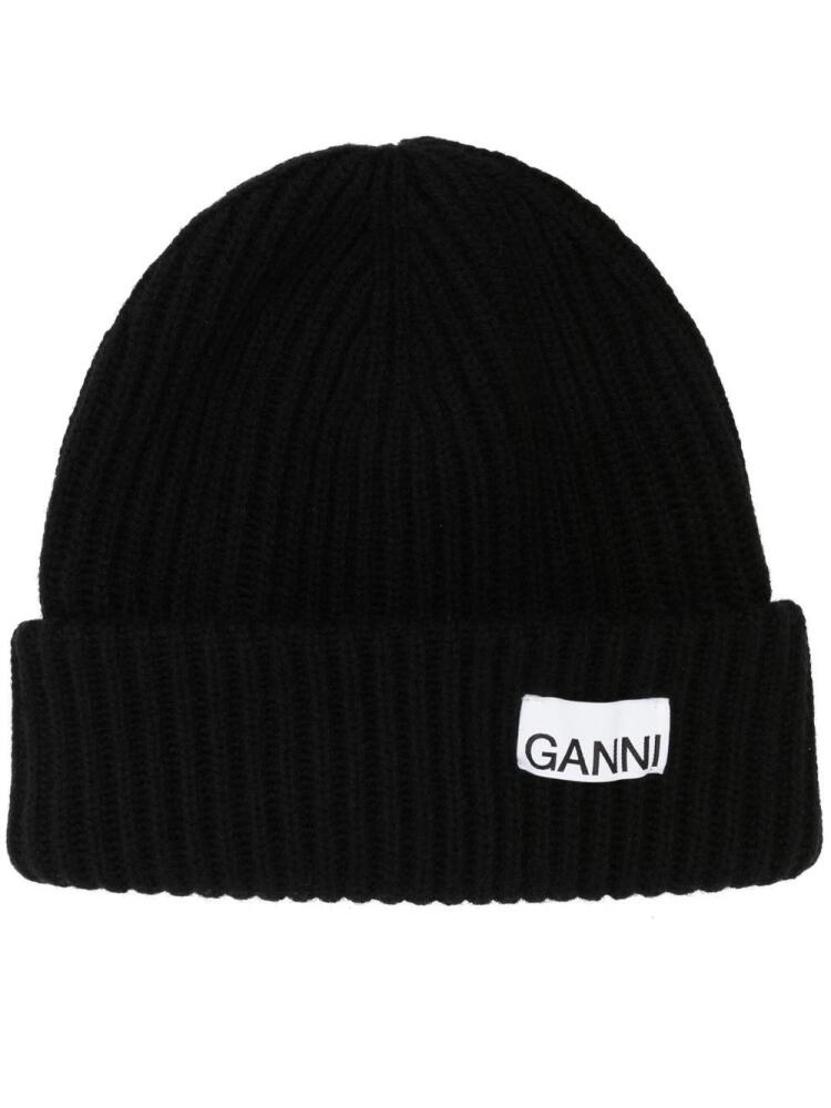 GANNI logo-patch ribbed-knit beanie - Black Cover