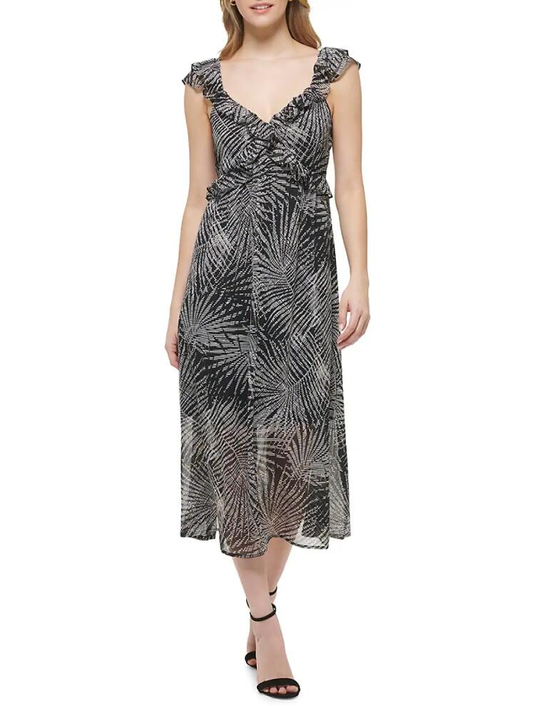 Kensie Women's Palm Print Chiffon Midi Dress - Black Cover