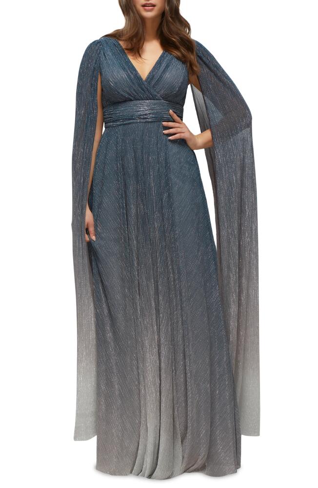 After Six Metallic Cape Sleeve Gown in Cosmic Blue Cover