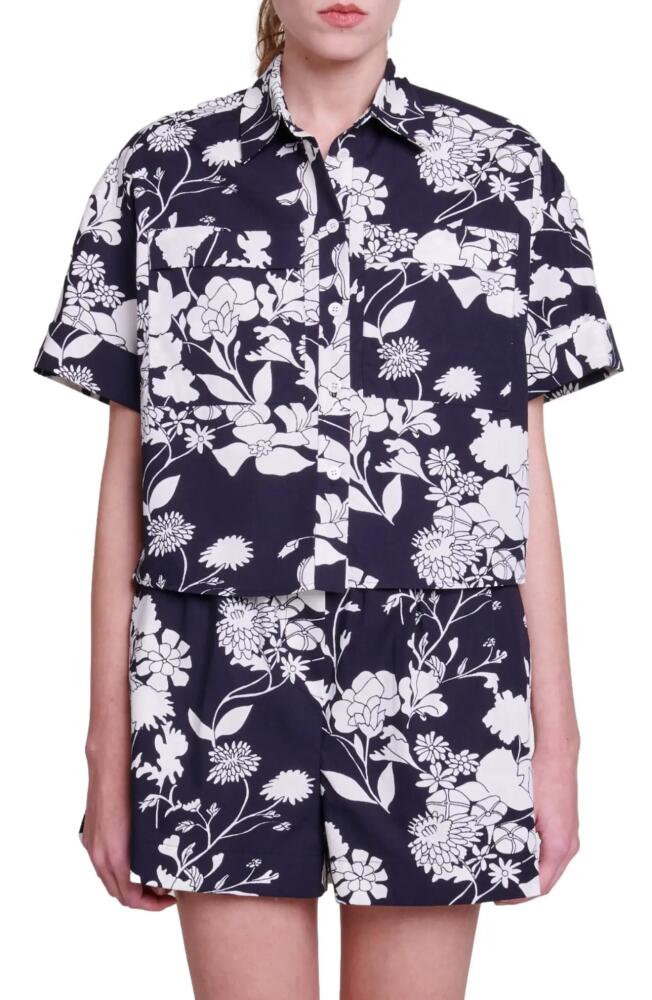 maje Oversize Floral Short Sleeve Cotton Button-Up Shirt in Print Ecru Black Floral Cover