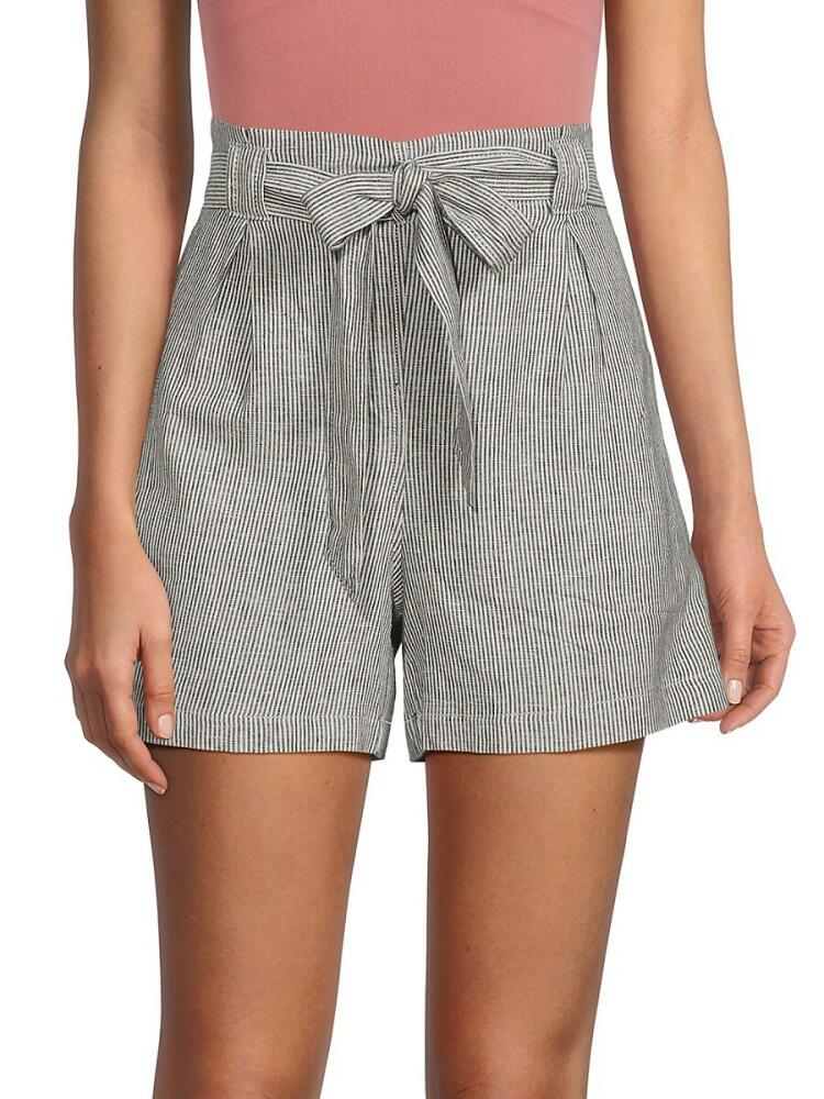 Max Studio Women's Belted Linen Blend Shorts - Black White Cover