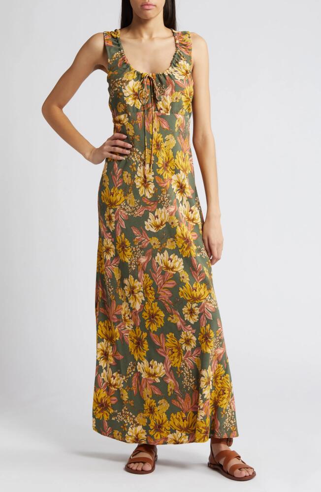 Treasure & Bond Ruched Bias Cut Maxi Dress in Olive Kalamata Amelia Floral Cover