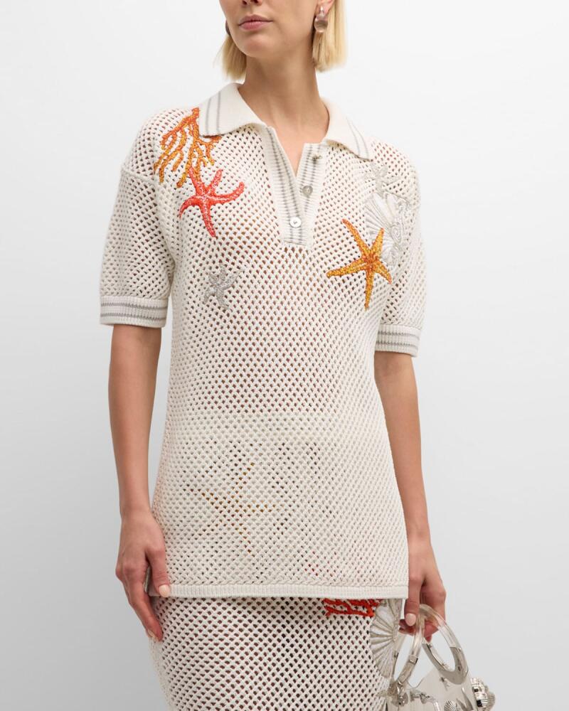 Versace Coral Embroidered Short-Sleeve Crochet-Knit Polo Sweater Cover